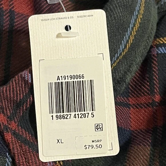 Levis Relaxed Western Shirt Mens XL Green Plaid Flannel Button Up Long Sleeve